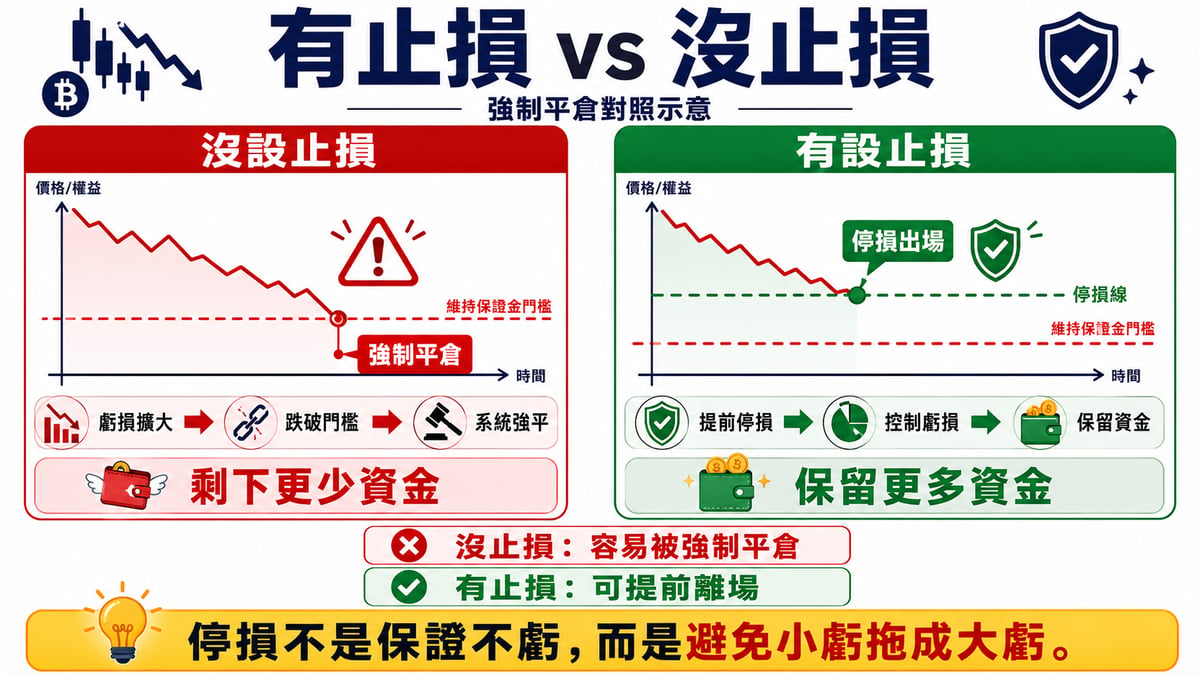 停損的作用就是趕在強平之前，先照你設定的價格出場