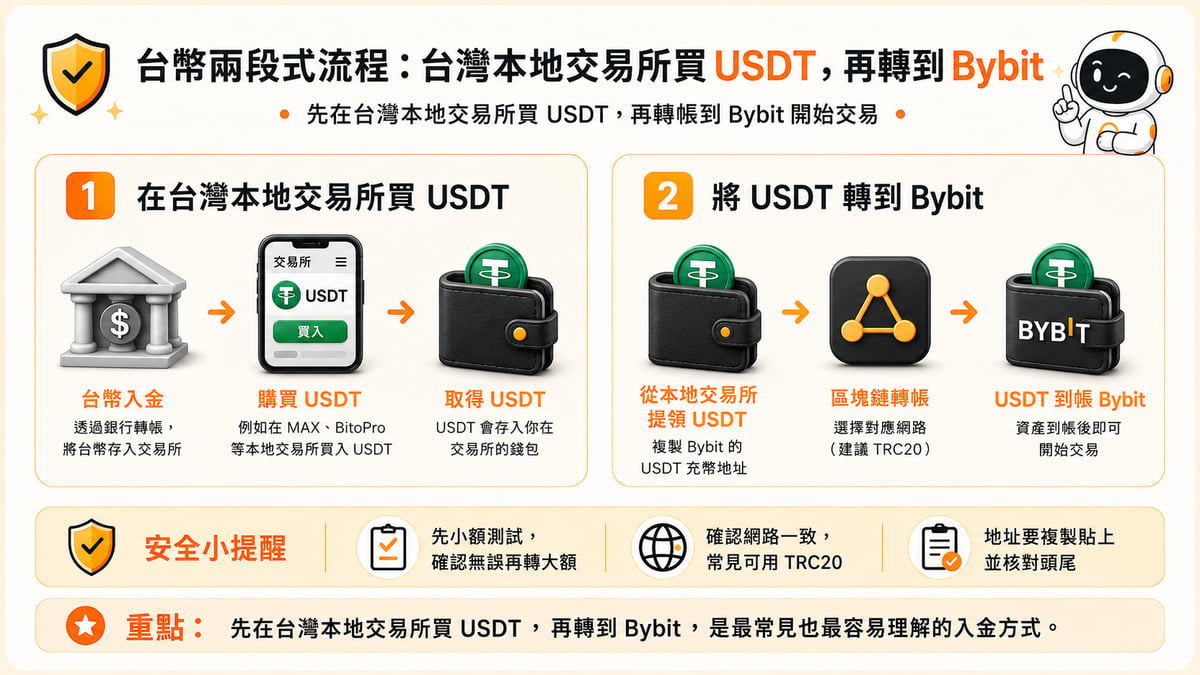 台幣兩段式流程:台灣本地交易所買 USDT,再轉到 Bybit