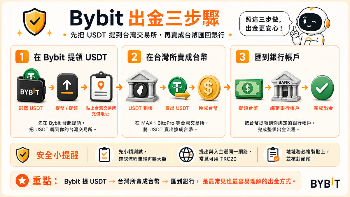 Bybit出金三步驟流程卡：Bybit提 USDT→台灣所賣成台幣→匯到銀行
