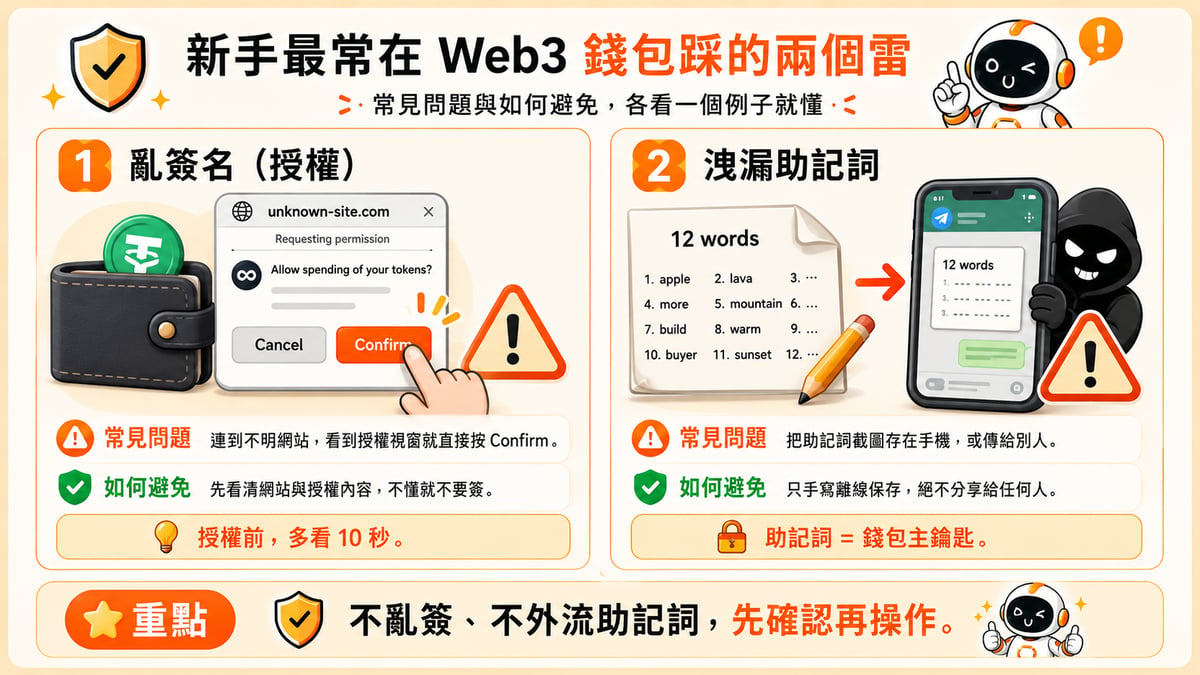 新手最常在 Web3 錢包踩的兩個雷 1.亂簽名(授權) 2.洩漏助記詞