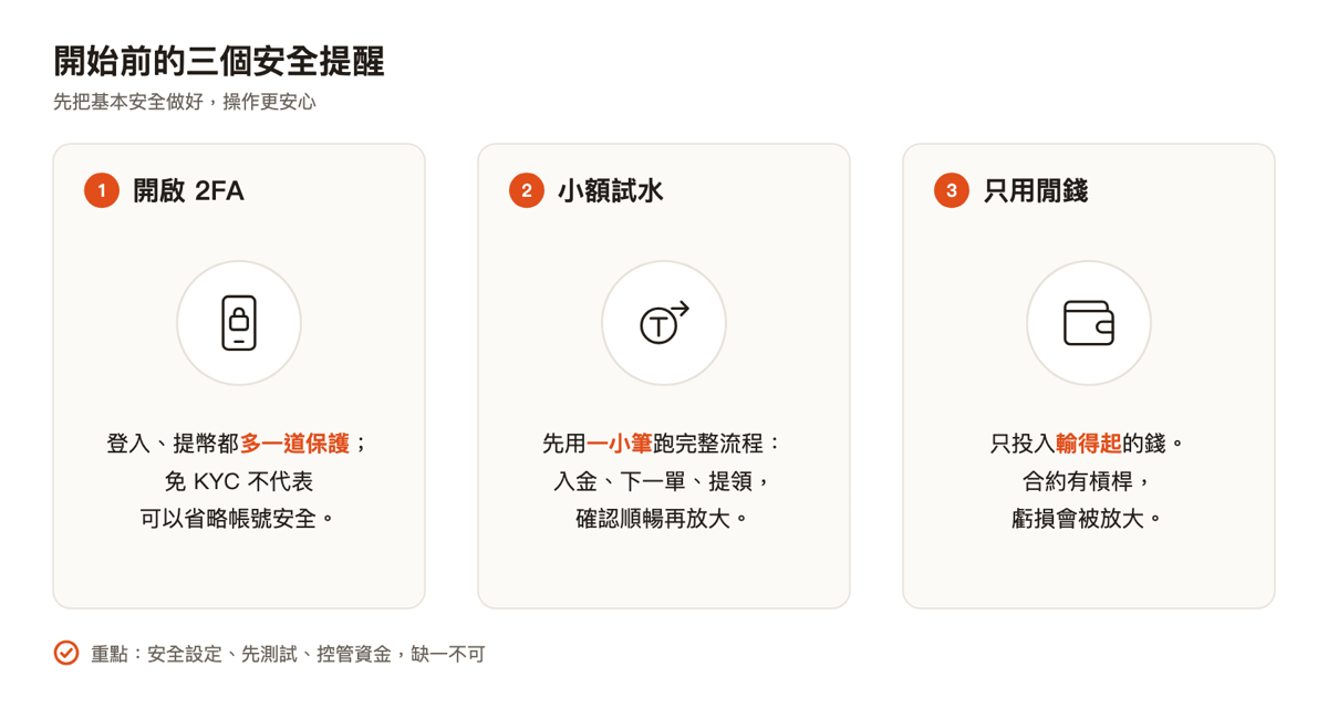 開始前的三個安全提醒:開啟 2FA、小額試水、只用閒錢