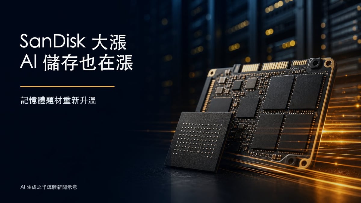 SanDisk 大漲與 AI 儲存題材:NAND Flash、企業 SSD 與資料中心需求示意圖
