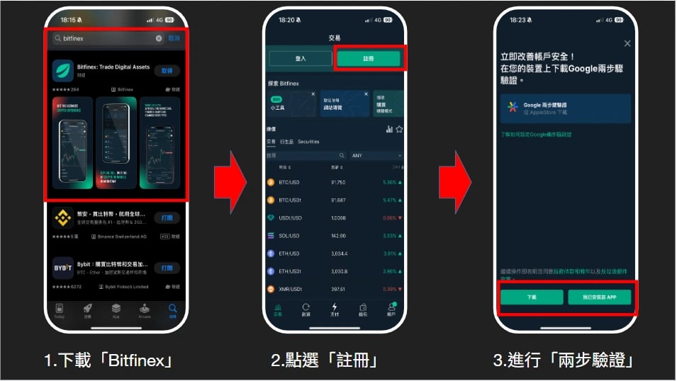 下載 Bitfinex App，點選註冊，並依畫面進行同步驗證。