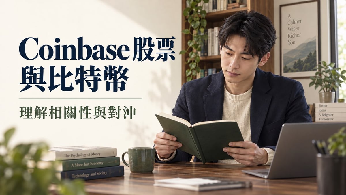 安靜閱讀的虛構研究者，搭配 Coinbase 股票與比特幣、理解相關性與對沖的封面文字