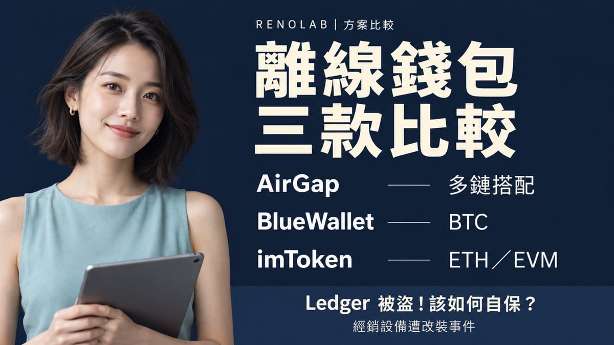 深藍比較首圖：女性在左，AirGap 多鏈搭配、BlueWallet BTC、imToken ETH／EVM 三款比較；Ledger 被盜！該如何自保？