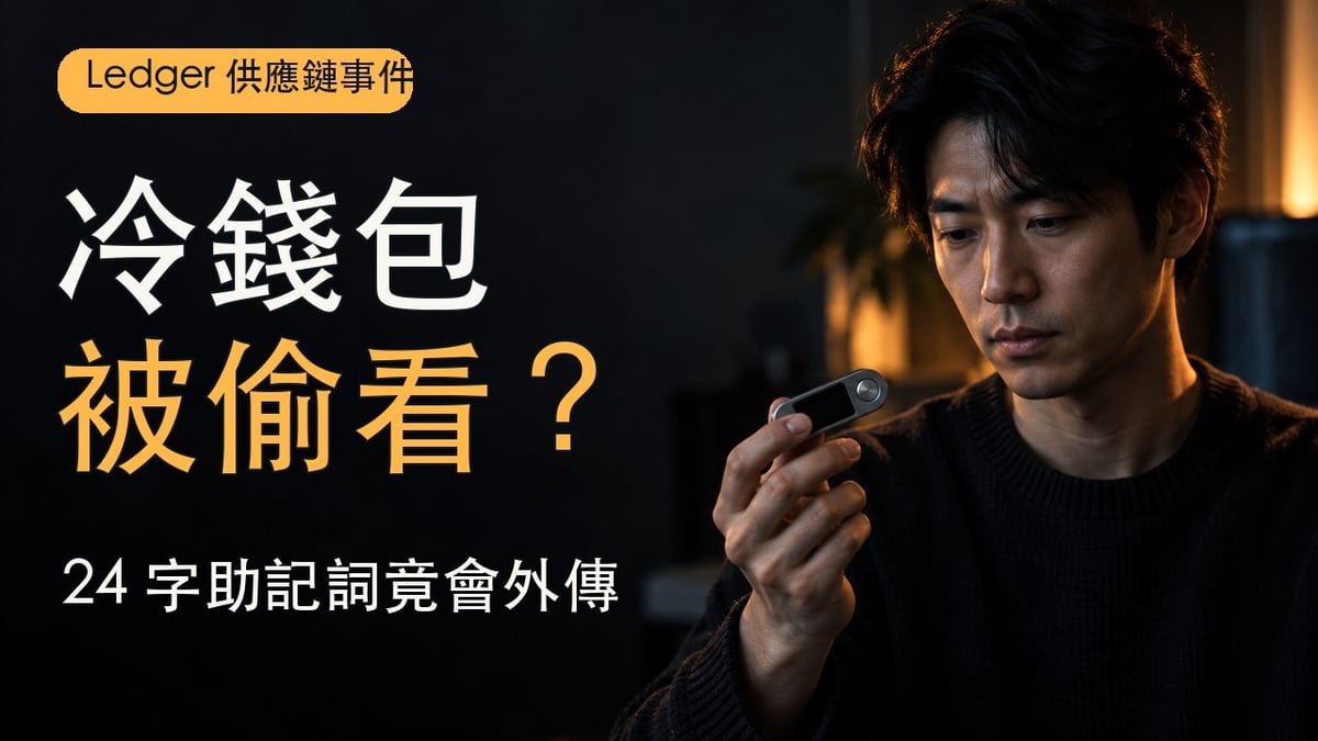 Ledger CryptoBilis 供應鏈事件封面：人物拿著硬體錢包，標題冷錢包被偷看，為非當事人編輯示意圖