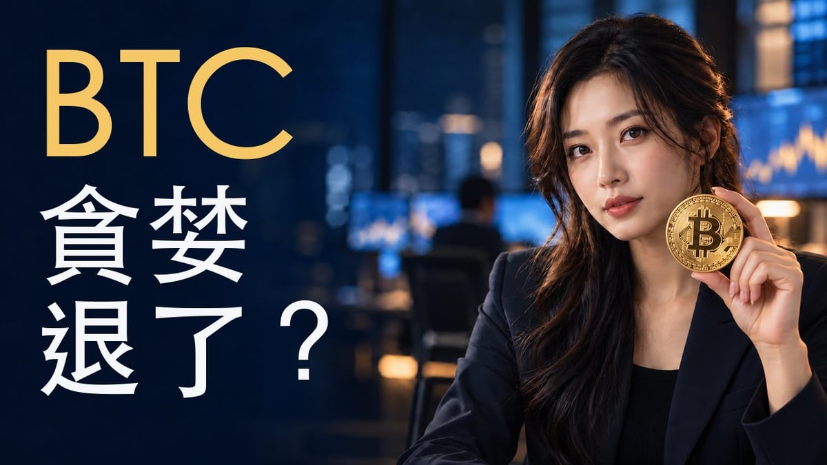 BTC 比特幣貪婪退了？成年女性手持放大的比特幣實體幣，呈現恐懼與貪婪指數轉中性