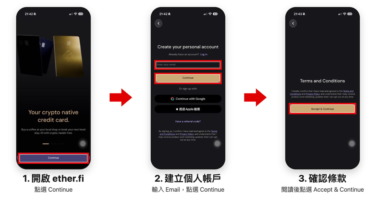 ether.fi Cash 註冊步驟總覽:歡迎頁、個人帳戶、條款確認