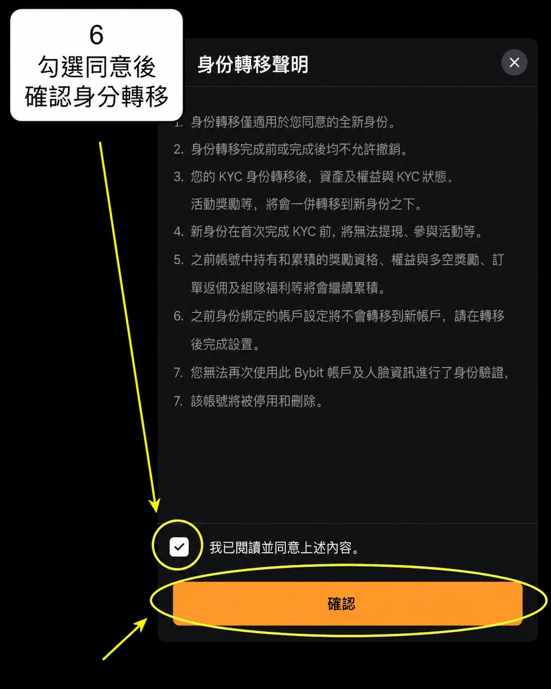Bybit 身份轉移說明頁勾選同意並確認的操作截圖