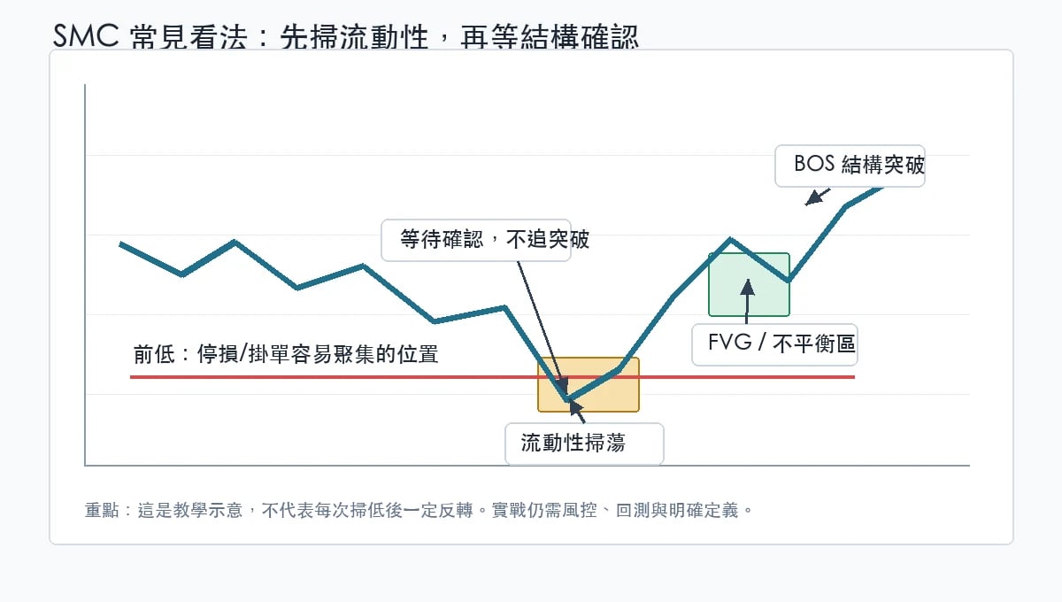 SMC 流動性掃蕩與結構確認示意圖