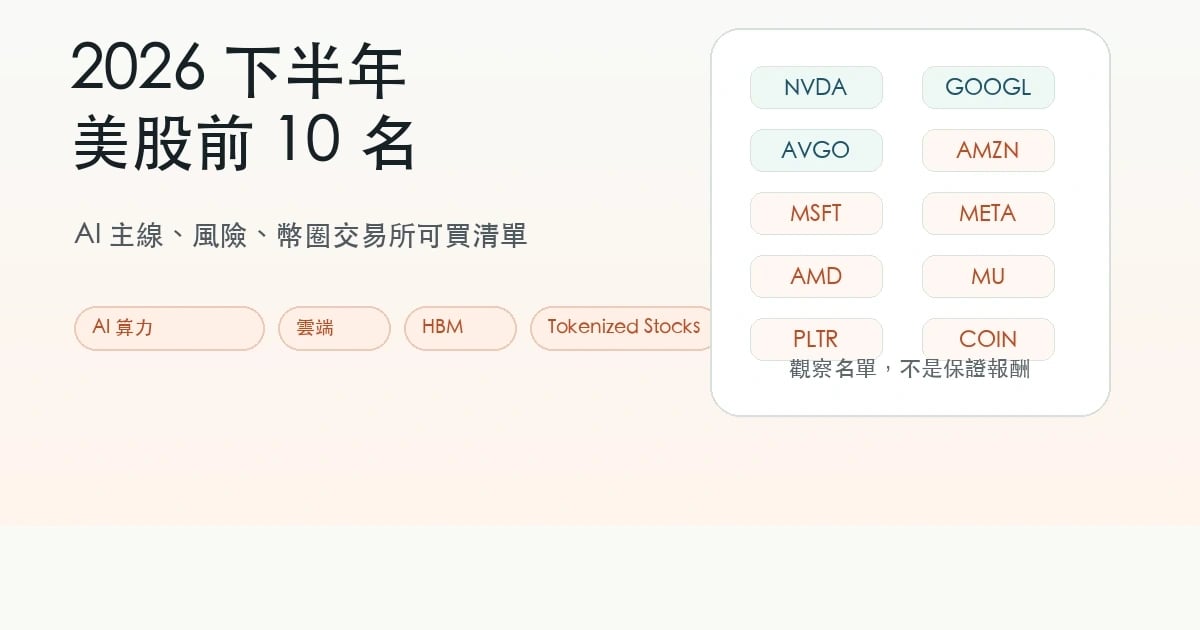2026 下半年美股觀察清單封面，中央顯示 AI 主線與前 10 名股票代號