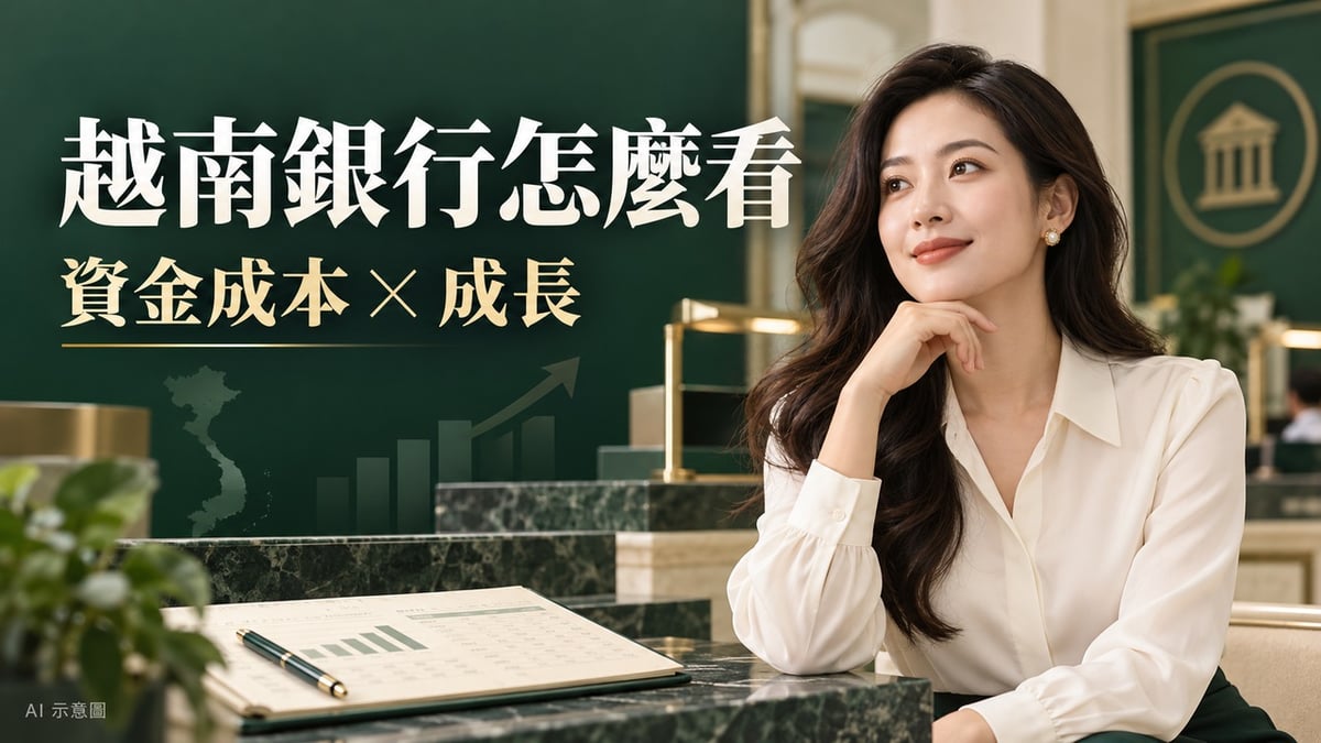越南銀行股怎麼研究？從 Sacombank 看懂資金成本與成長機會主題示意圖，含虛構成年女性編輯；非現場照片。