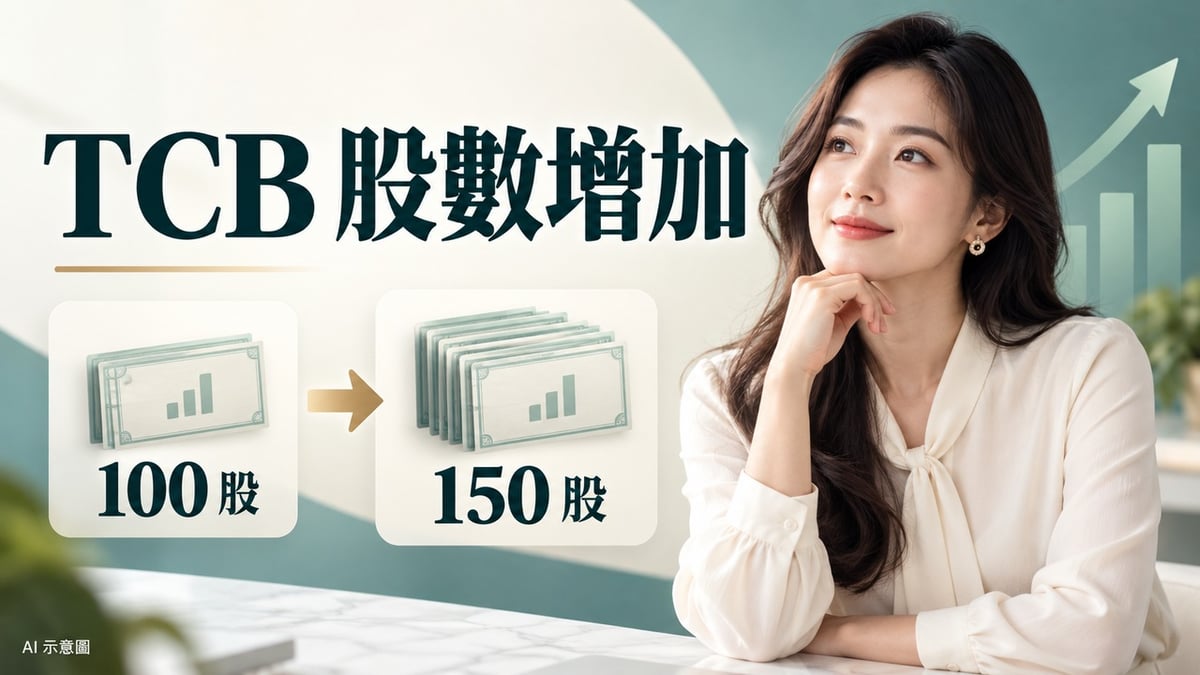 TCB 股票股利怎麼算？用 100 股變 150 股看懂配股與資產價值主題示意圖，含虛構成年女性編輯；非現場照片。