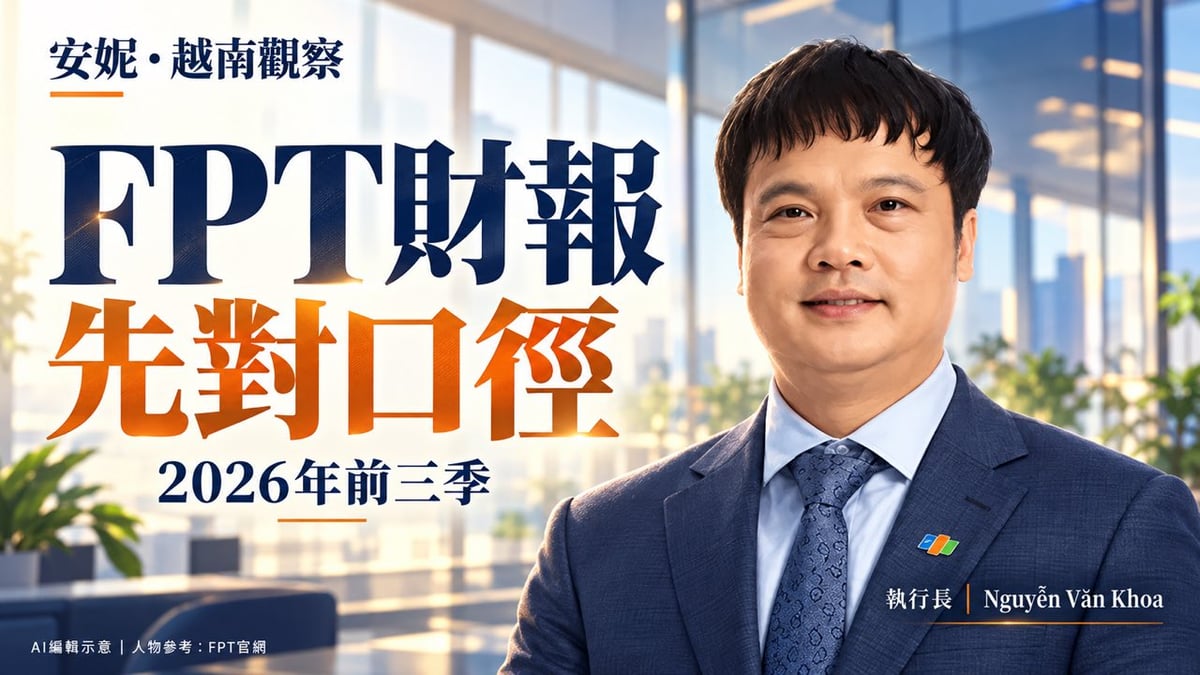 FPT執行長Nguyễn Văn Khoa編輯插畫，主標FPT財報、先對口徑；圖面標示AI編輯示意，概念科技背景非實際財報現場。