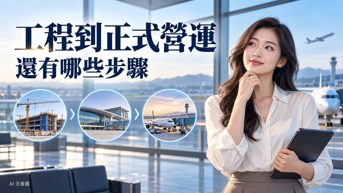 看懂隆城機場進度：工程完成比例與正式營運有何差別？主題示意圖，含虛構成年女性編輯；非現場照片。