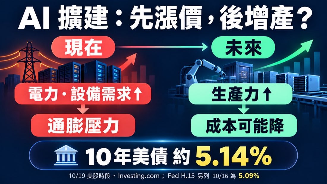 AI 投資短期推高需求與通膨、長期生產力可能降低成本的時間差示意圖