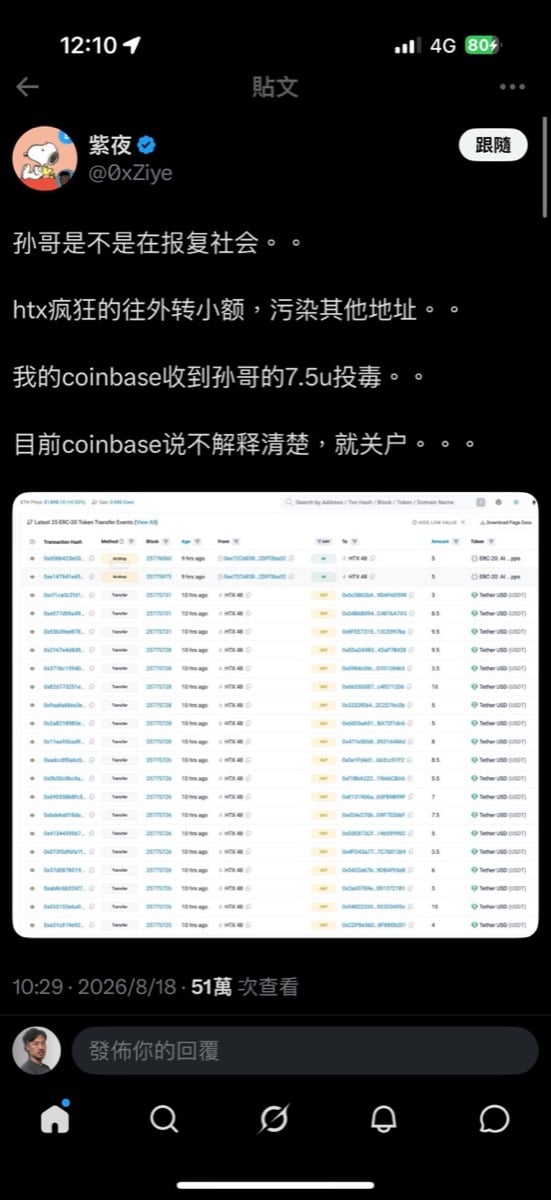 X用戶整理HTX地址密集發送小額USDT的鏈上轉帳截圖