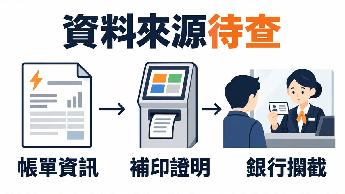 澎湖發票盜領案已知流程示意：帳單資訊來源待查，超商補印證明聯，銀行發現異常攔截