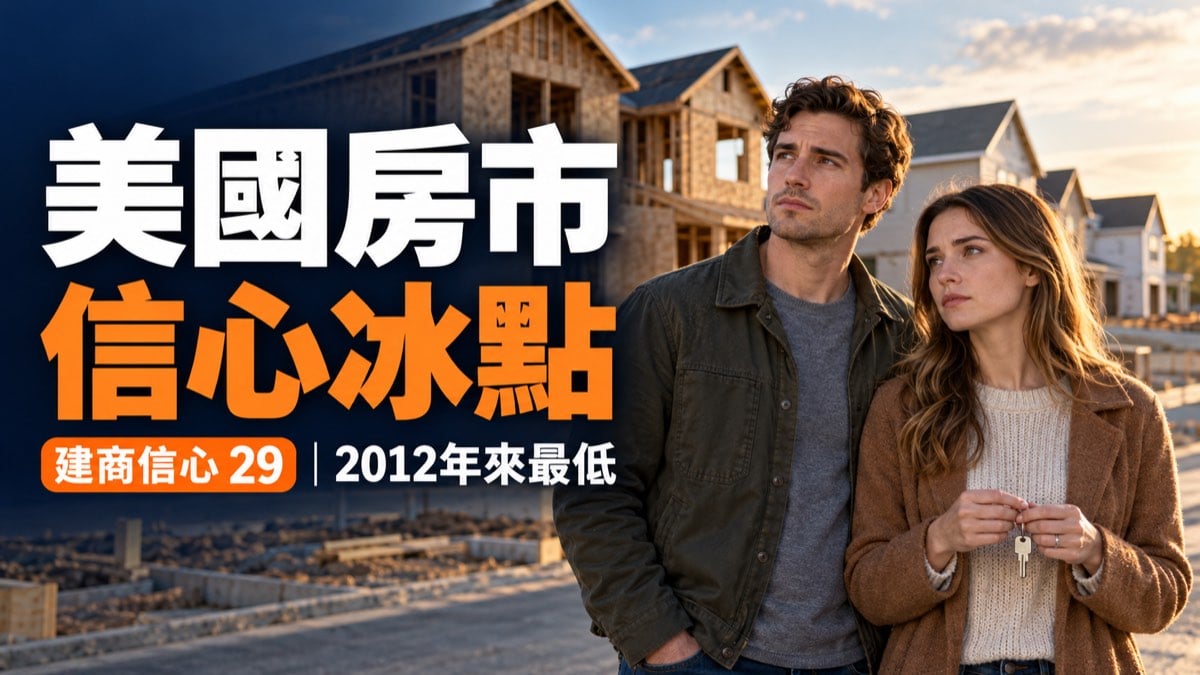 美國年輕夫妻站在待建新屋前；封面標示美國房市信心冰點，建商信心 29，2012 年來最低