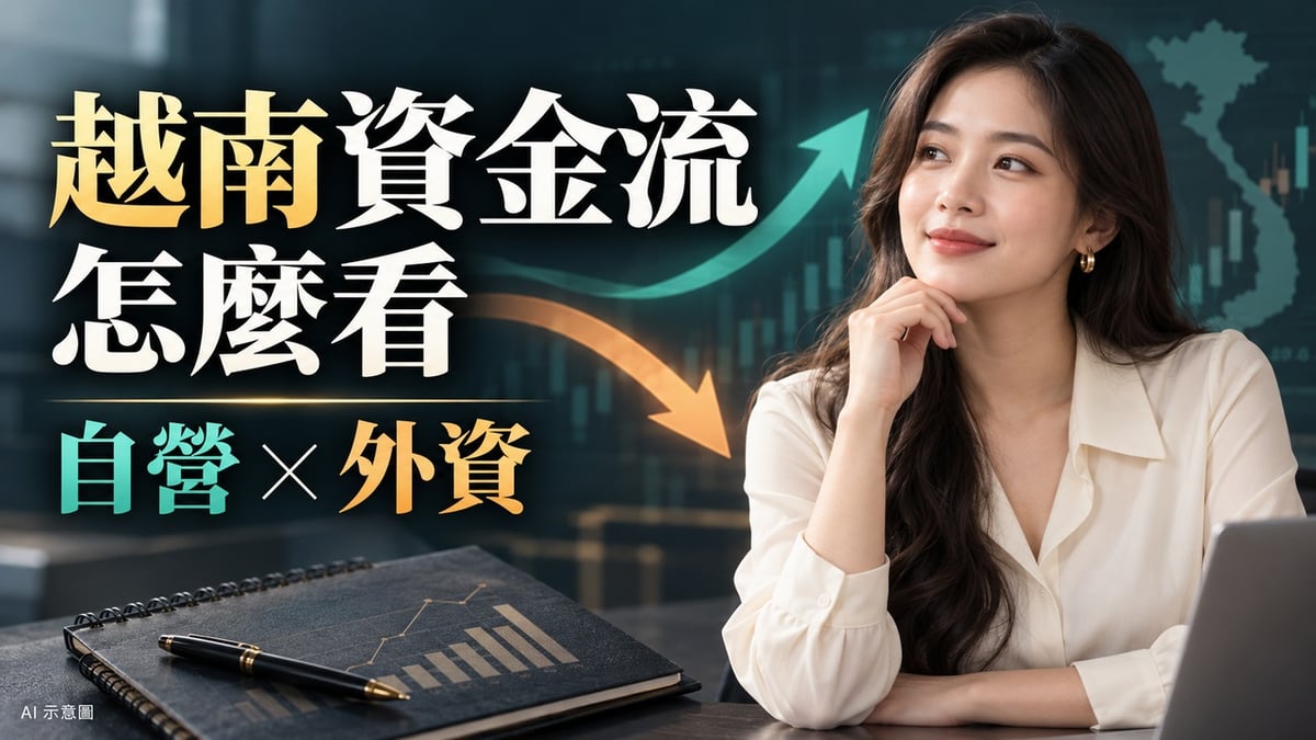 越南股票資金流怎麼看？從 ACB 認識自營、外資與市場分工主題示意圖，含虛構成年女性編輯；非現場照片。