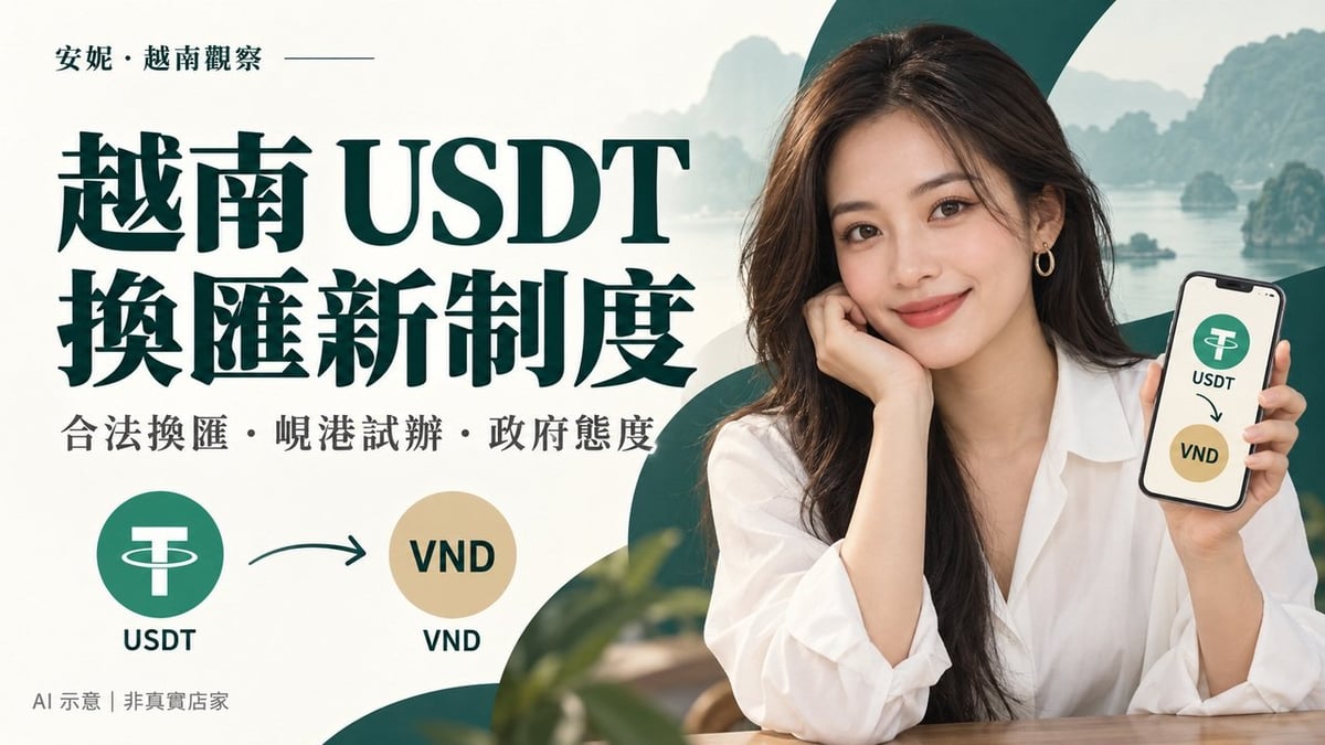 越南換匯與 USDT 制度解讀封面：虛構成年女性編輯與 USDT、VND 兌換意象；AI 示意，非真實店家或現場照片。