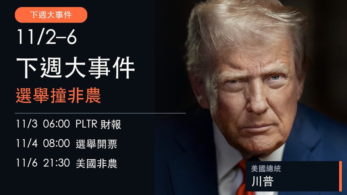 11月2日至6日下週大事件封面，美國總統川普官方肖像，標示Palantir財報、期中選舉開票與非農台北時間