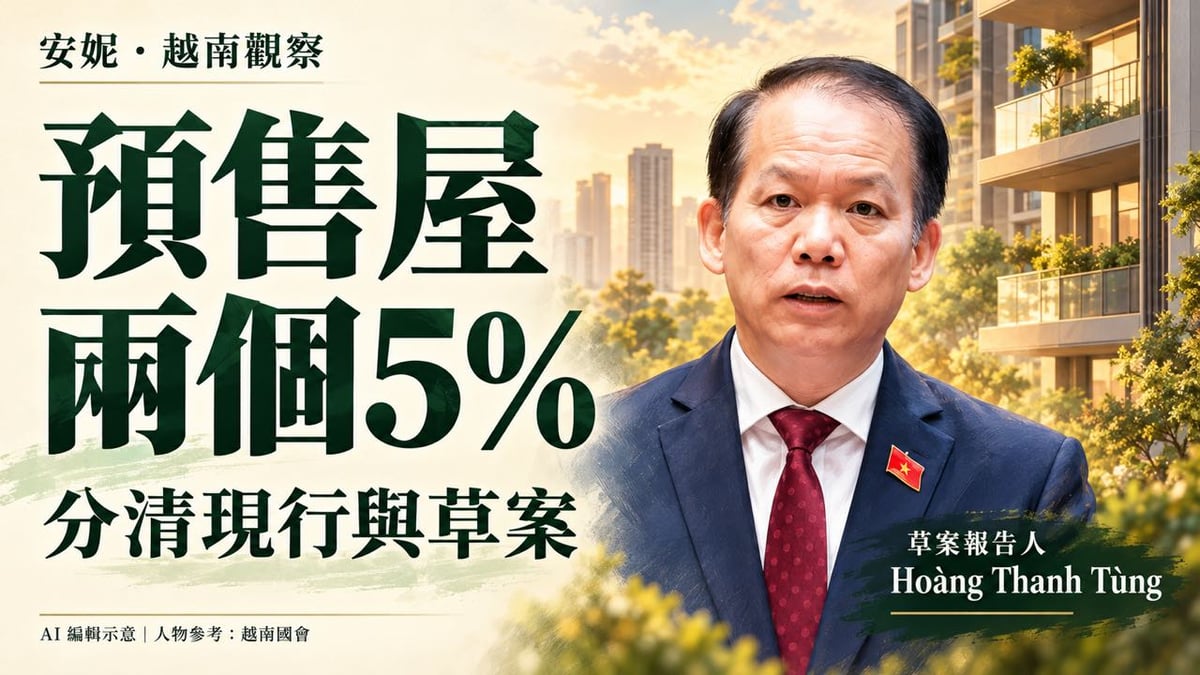 越南預售屋兩個5%編輯插畫，人物參考為司法部長Hoàng Thanh Tùng；標示分清現行與草案及AI編輯示意，背景非真實建案或現場照片。