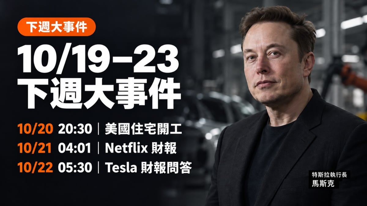 10月19日至23日下週大事件封面，特斯拉執行長馬斯克與美國房市Netflix和Tesla三個台北交易時間