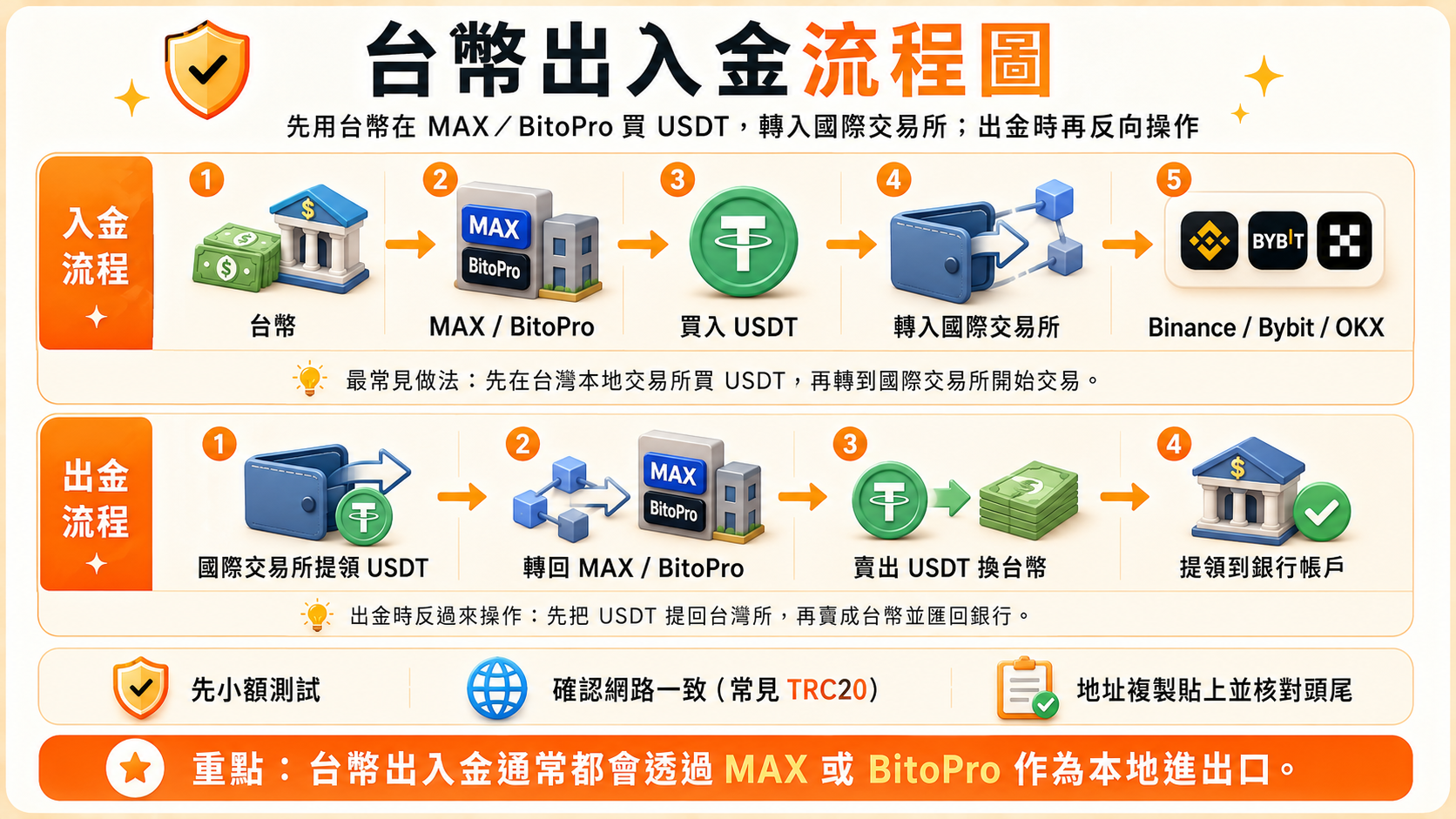 台幣出入金流程圖：台幣經 MAX 或 BitoPro 換成 USDT 後轉入國際交易所，出金反過來操作