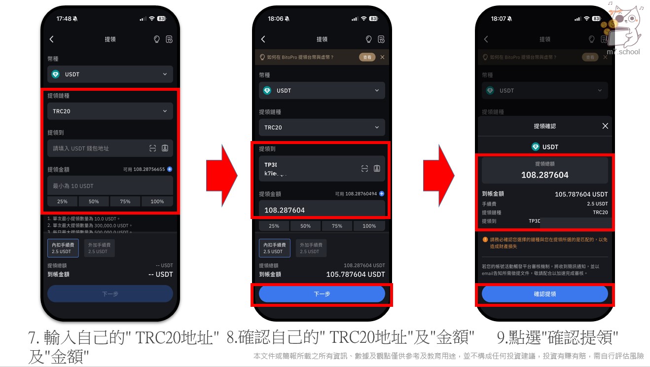 填入 TRC20 地址並確認提領(圖片以TRC20舉例)