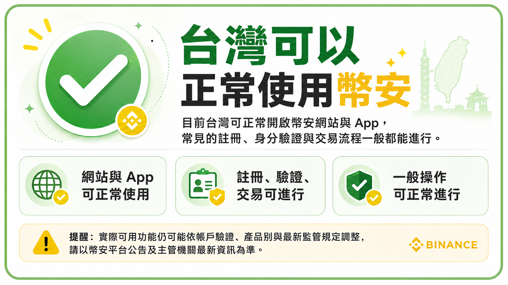 台灣可正常使用幣安,註冊、驗證與交易皆可進行。(實際可用功能可能因帳戶驗證、產品別及監管規定調整,請以幣安官方公告與主管機關最新資訊為準。)