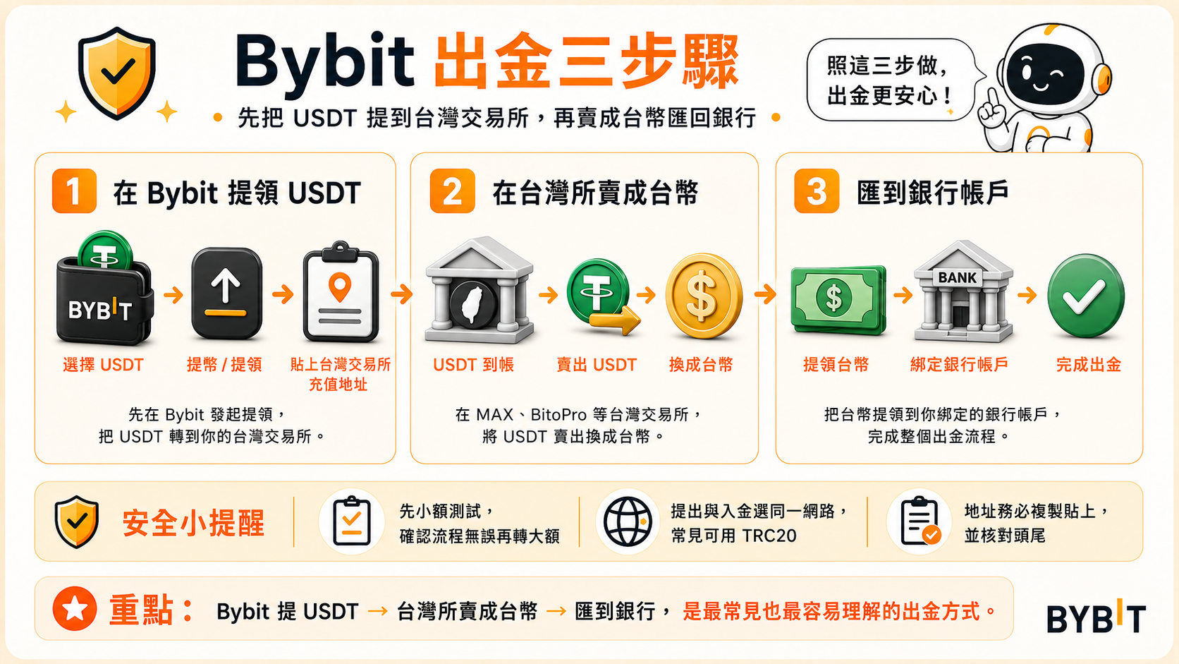 Bybit出金三步驟流程卡：Bybit提 USDT→台灣所賣成台幣→匯到銀行