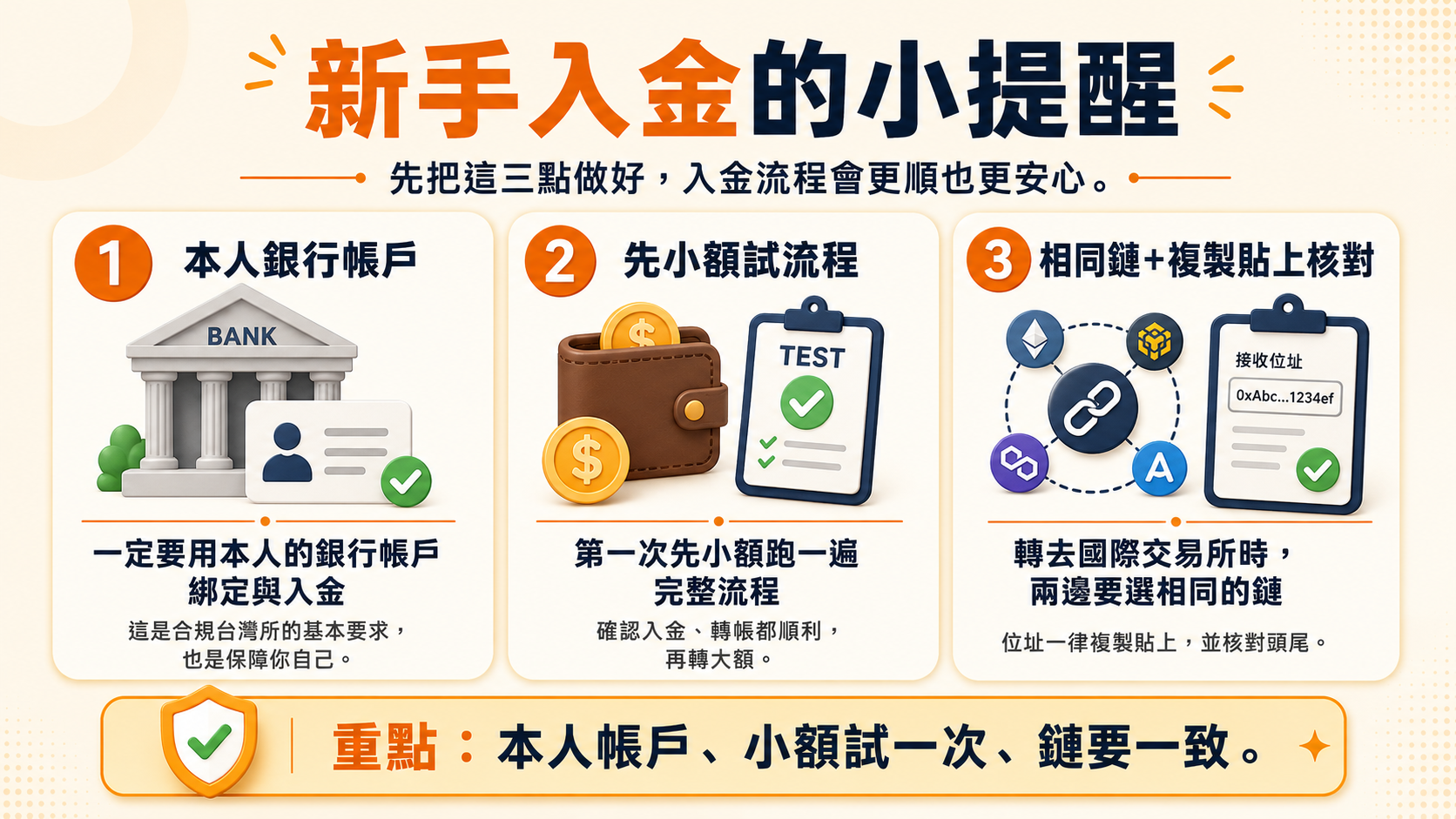 提醒:用本人帳戶、先小額試、轉幣網路兩邊要相同的鏈