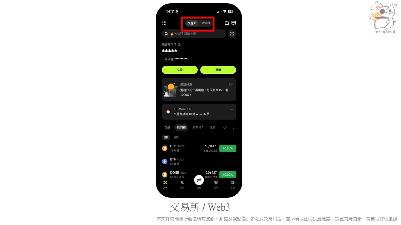 OKX App 首頁，紅框標出「交易」與「Web3 錢包」兩個入口的位置
