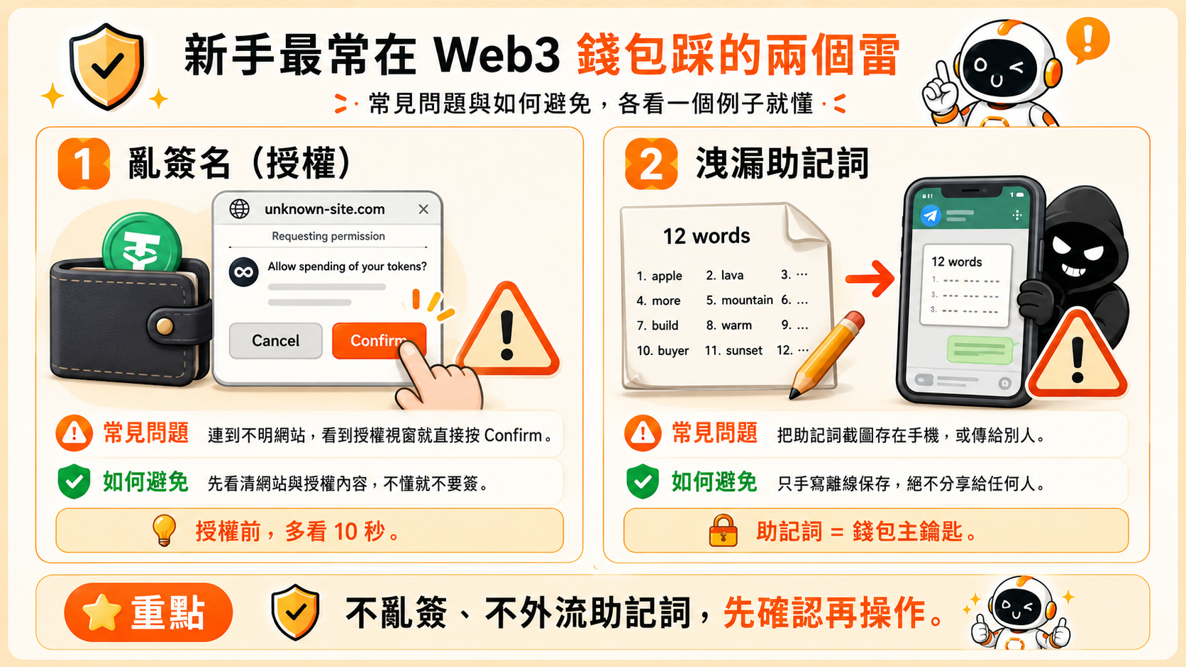 新手最常在 Web3 錢包踩的兩個雷 1.亂簽名(授權) 2.洩漏助記詞