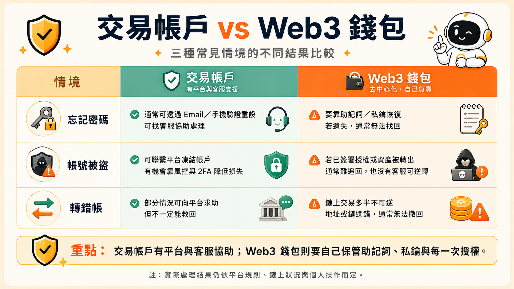 交易帳戶與 Web3 錢包的對照表:忘記密碼、帳號被盜、轉錯帳三種情境的不同結果