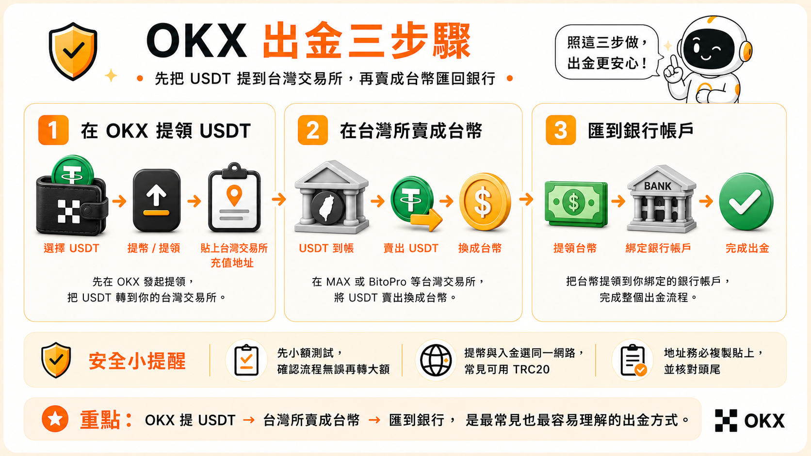 OKX 出金三步驟流程卡：OKX 提 USDT→台灣所賣成台幣→匯到銀行
