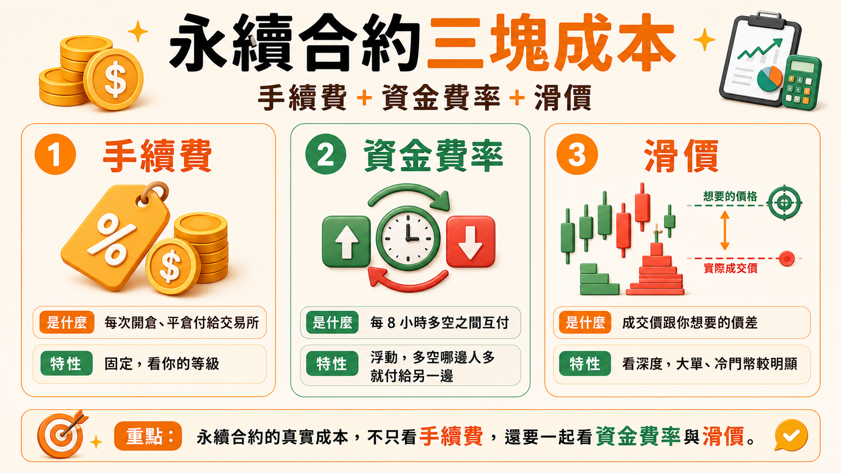 永續合約三塊成本的分解圖：手續費＋資金費率＋滑價