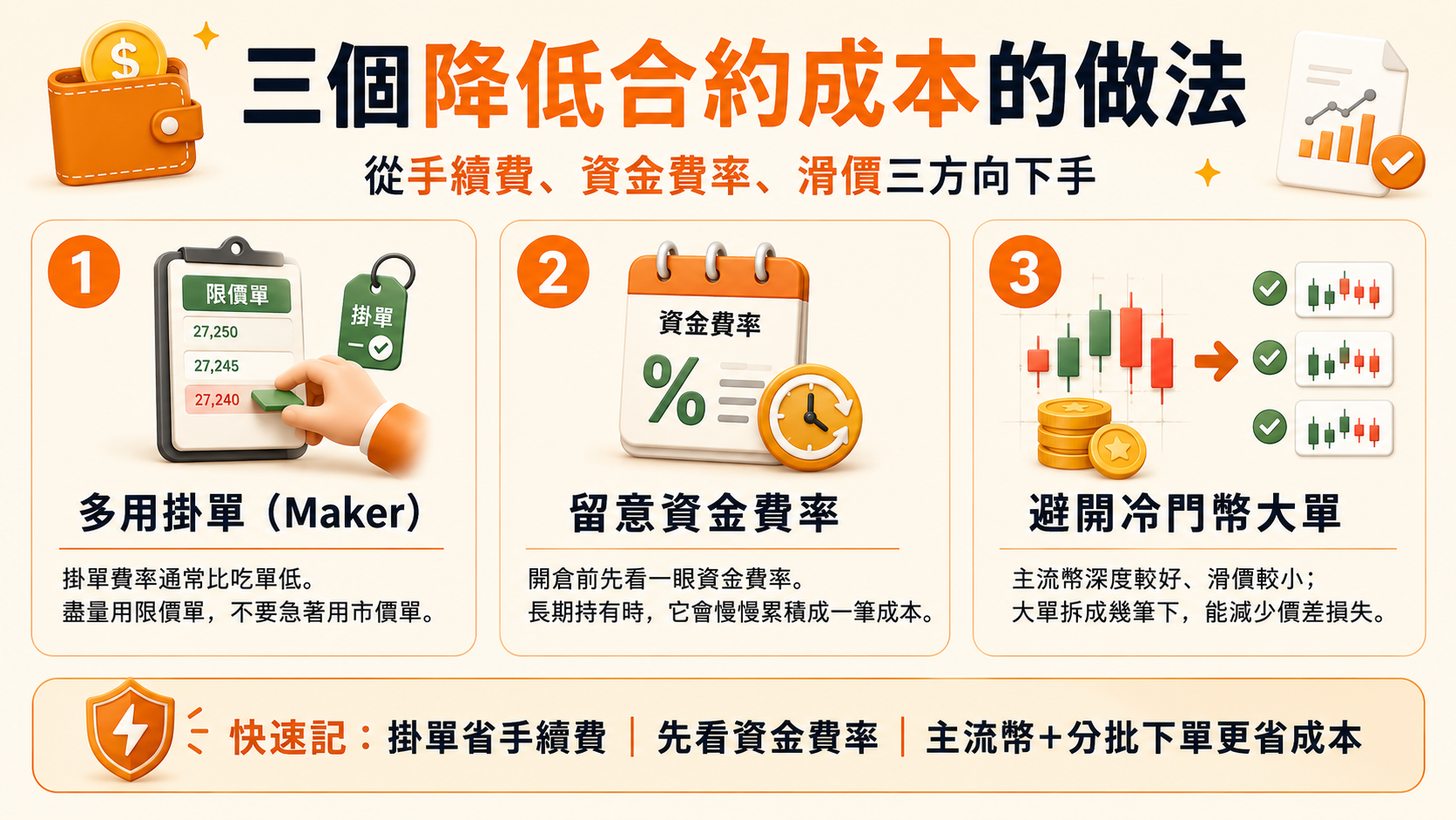三個降低合約成本的做法：多用掛單、留意資金費率、避開冷門幣大單