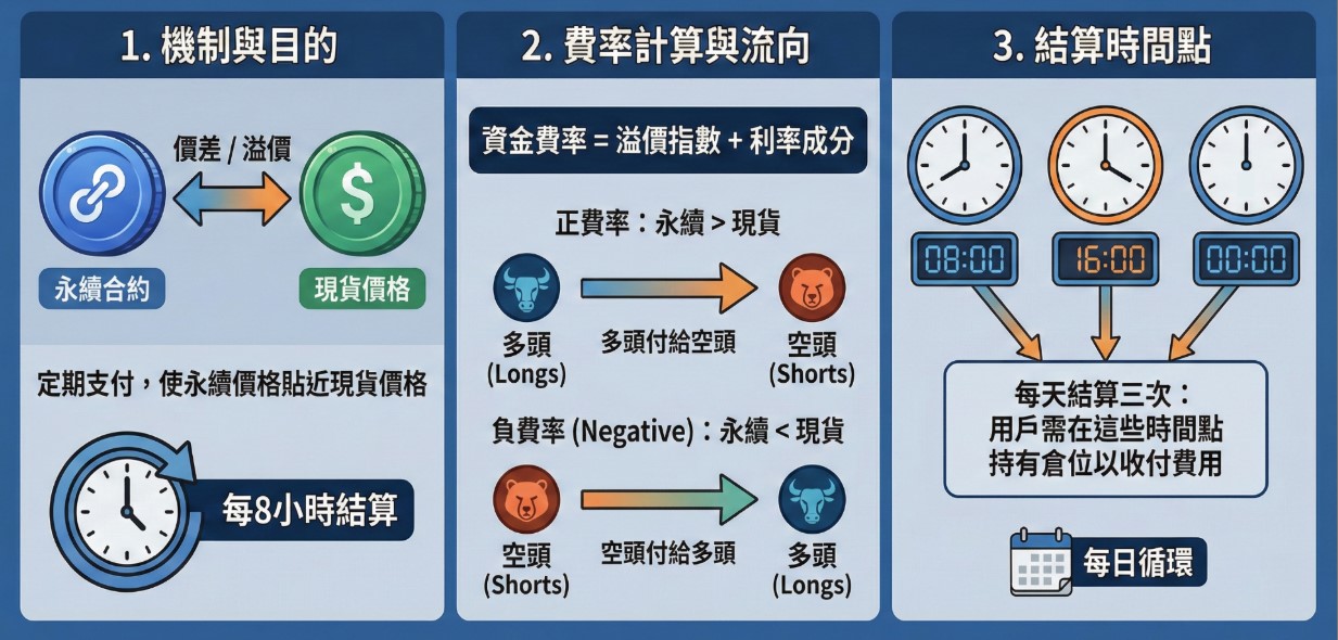 資金費率示意：多方人多時付錢給空方，反之亦然，每 8 小時一次