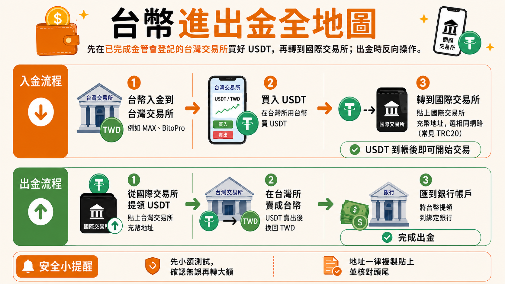 台幣進出金全地圖:台幣→台灣所(MAX/BitoPro)買 USDT→轉到國際所交易;出金反向,最後匯回本人銀行帳戶