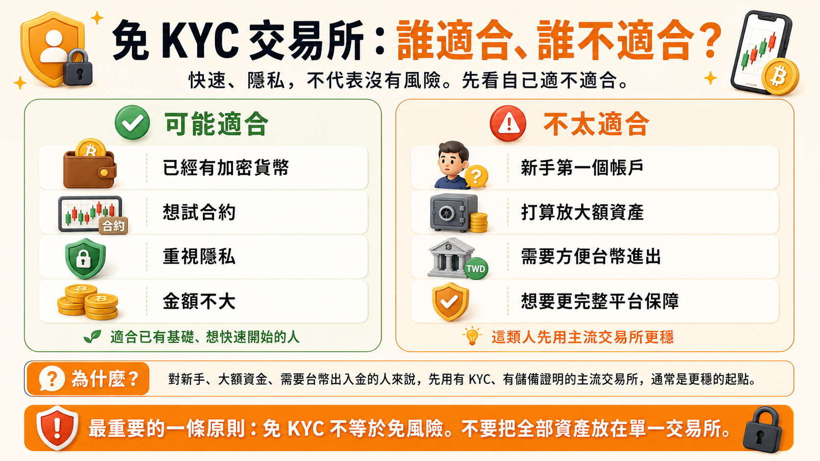 適合與不適合使用免 KYC 交易所的兩種人對照表