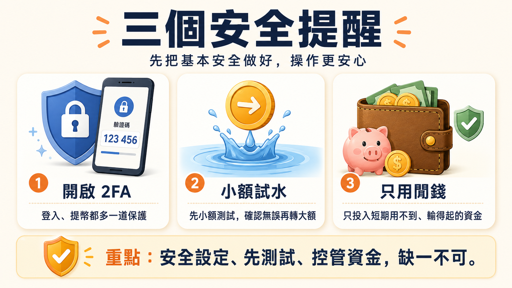 三個安全提醒的圖示:開啟 2FA、小額試水、只用閒錢