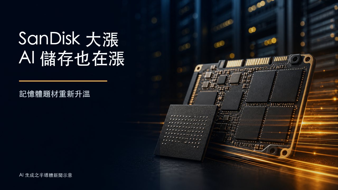 SanDisk 大漲與 AI 儲存題材:NAND Flash、企業 SSD 與資料中心需求示意圖