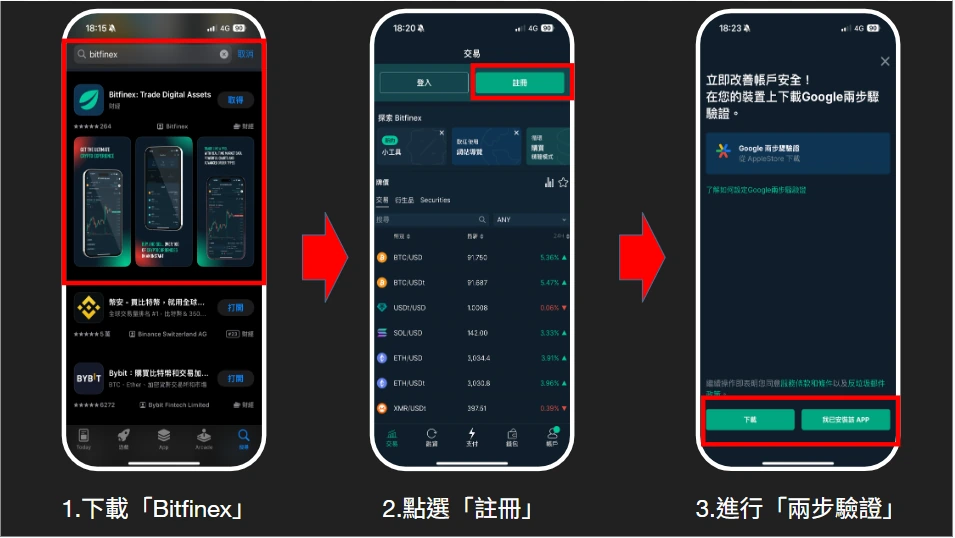下載 Bitfinex App,點選註冊,並依畫面進行同步驗證。