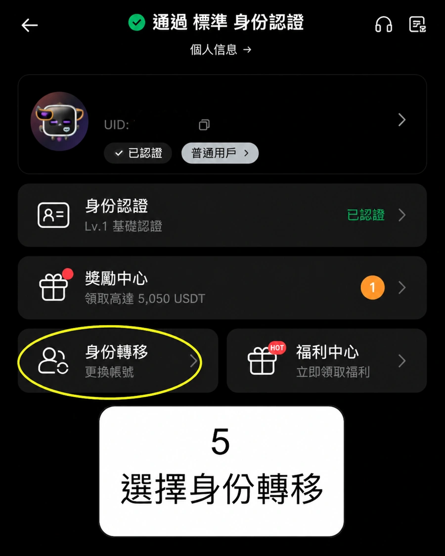 Bybit 用戶中心選擇身份轉移的操作截圖