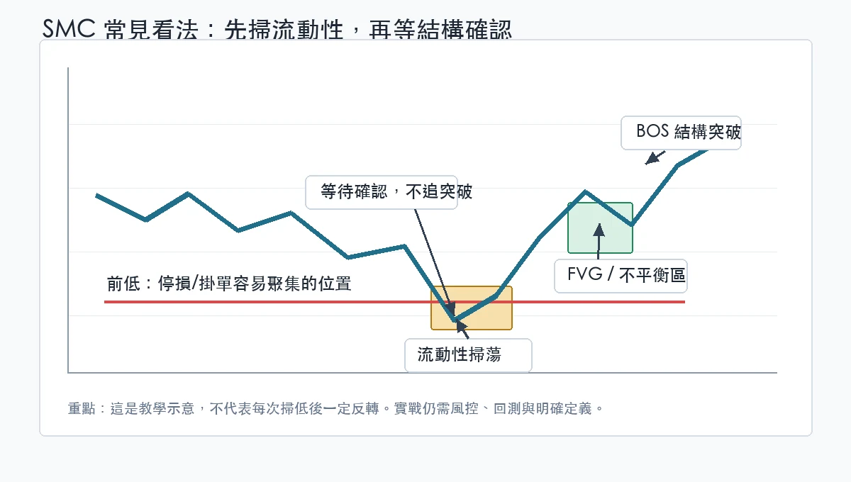 SMC 流動性掃蕩與結構確認示意圖