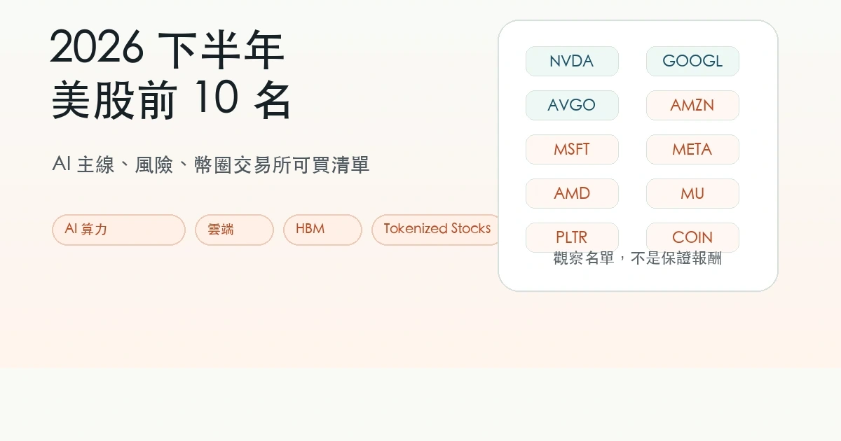 2026 下半年美股觀察清單封面，中央顯示 AI 主線與前 10 名股票代號
