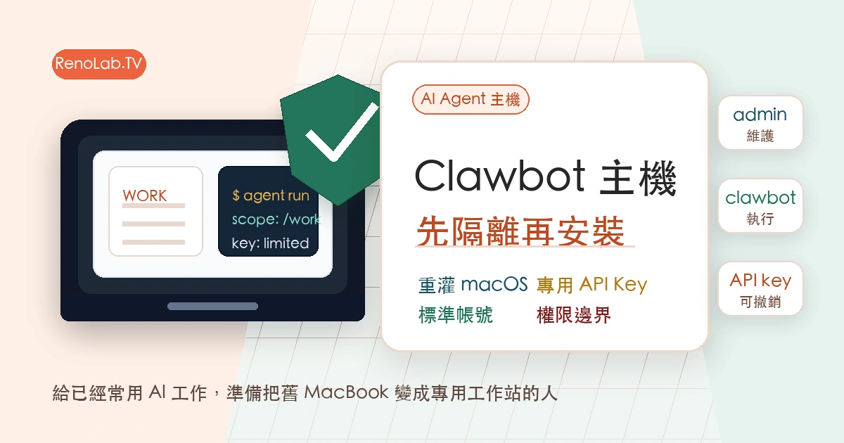Clawbot 主機安全設定封面圖，呈現舊 MacBook、盾牌與乾淨系統、標準帳號、專用 API Key 三個隔離重點
