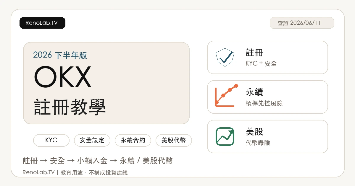 OKX註冊教學 2026 下半年封面圖，整理 KYC、安全設定、永續合約與美股代幣使用路線